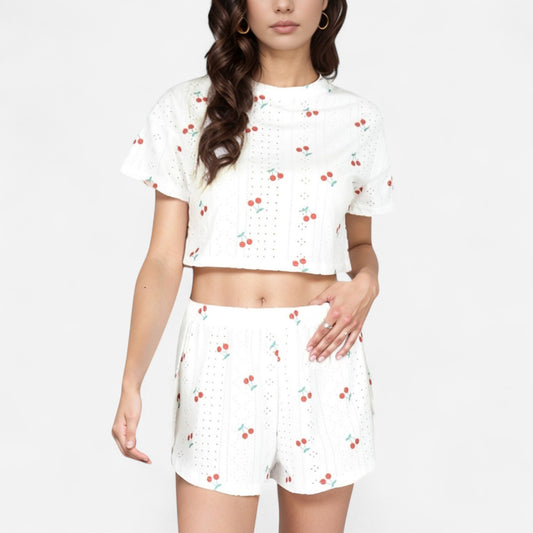 Anna-Kaci Women's Cherry Print Pajama Set with Cropped Short Sleeve Top and High Waist Relaxed Fit Lounge Shorts