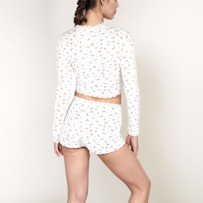 Anna-Kaci Women's Floral Long Sleeve Pajama Set with Lace Trim Cropped Button Top and High Waist Lounge Shorts
