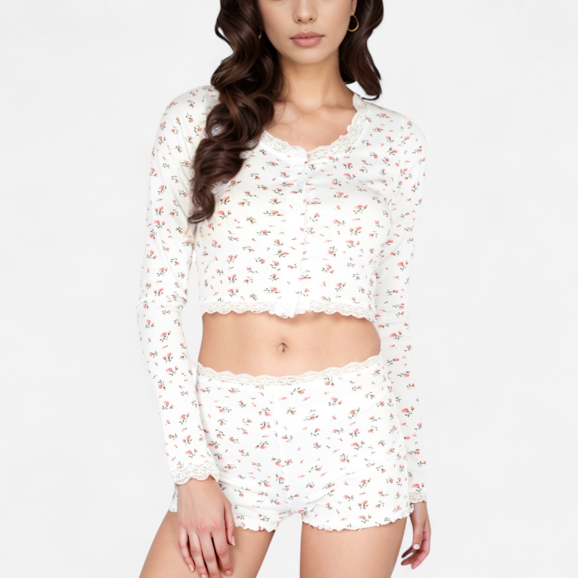 Anna-Kaci Women's Floral Long Sleeve Pajama Set with Lace Trim Cropped Button Top and High Waist Lounge Shorts