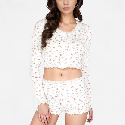 Anna-Kaci Women's Floral Long Sleeve Pajama Set with Lace Trim Cropped Button Top and High Waist Lounge Shorts