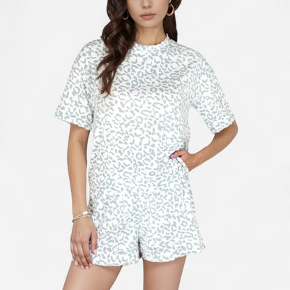 Anna-Kaci Women's Leopard Print Short Sleeve Pajama Set with Crew Neck Top and Relaxed Fit Lounge Shorts