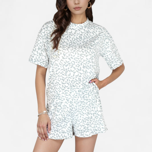 Anna-Kaci Women's Leopard Print Short Sleeve Pajama Set with Crew Neck Top and Relaxed Fit Lounge Shorts