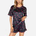Anna-Kaci Women's Heart Print Satin Pajama Set with Short Sleeve Crew Neck Top and Ruffle Trim Lounge Shorts