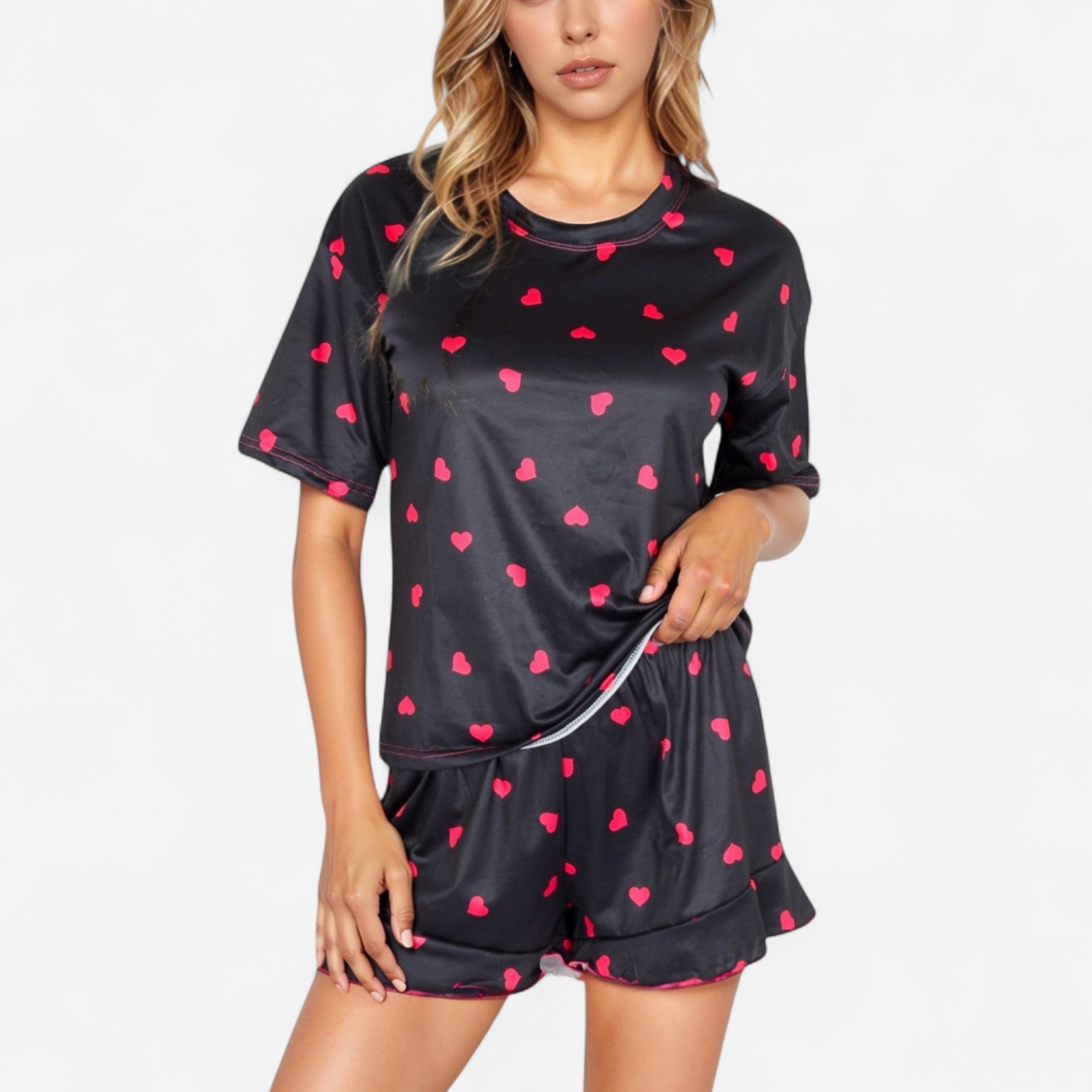 Anna-Kaci Women's Heart Print Satin Pajama Set with Short Sleeve Crew Neck Top and Ruffle Trim Lounge Shorts