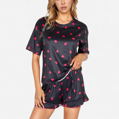 Anna-Kaci Women's Heart Print Satin Pajama Set with Short Sleeve Crew Neck Top and Ruffle Trim Lounge Shorts