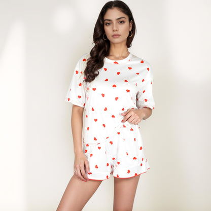 Anna-Kaci Women's Heart Print Satin Pajama Set with Short Sleeve Crew Neck Top and Ruffle Trim Lounge Shorts