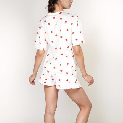 Anna-Kaci Women's Heart Print Satin Pajama Set with Short Sleeve Crew Neck Top and Ruffle Trim Lounge Shorts
