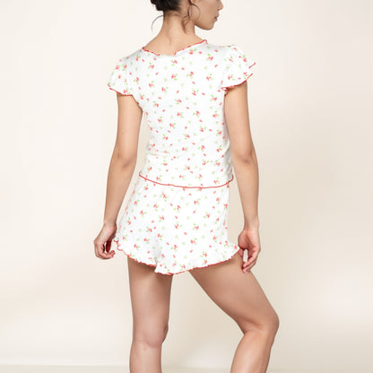 Anna-Kaci Women's Floral Print Flutter Sleeve Pajama Set with Bow Front Detail and Ruffle Trim Lounge Shorts