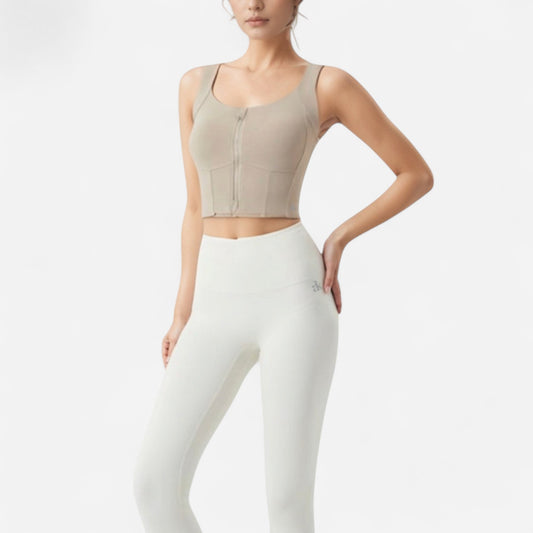 Anna-Kaci Women's Zip-Up Cropped Athletic Tank Top with Built-In Bra and Contoured Seam Design