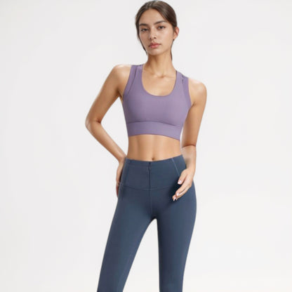 Anna-Kaci Women's Scoop Neck Sports Bra with Wide Shoulder Straps and Seamless Fitted Design