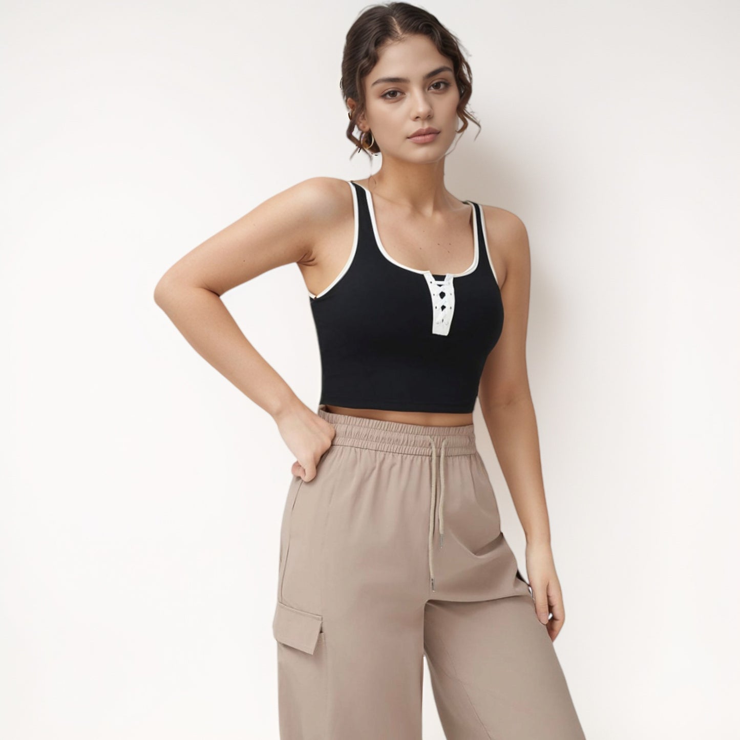 Anna-Kaci Women's Cropped Tank Top with Contrast Trim and Lace-Up Front Detail