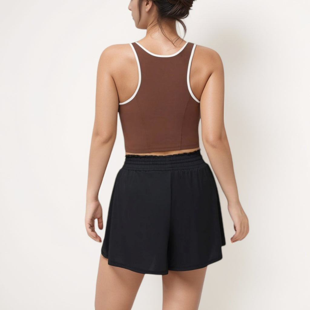 Anna-Kaci Women's Cropped Tank Top with Contrast Trim and Lace-Up Front Detail