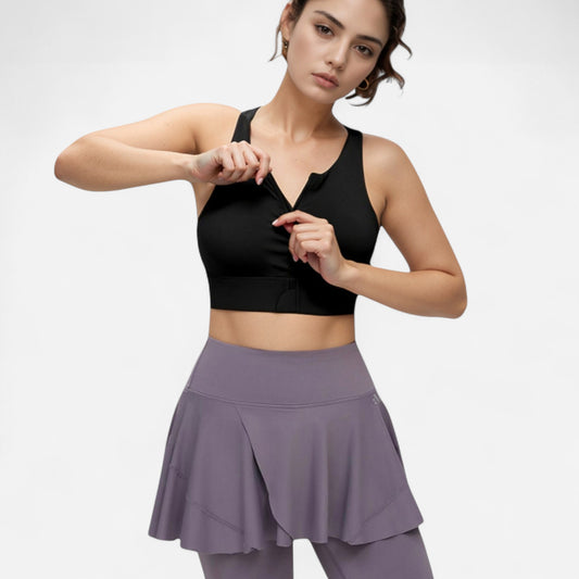Anna-Kaci Women's Front Zip Sports Crop Top with Scoop Neck and Wide Straps for Support
