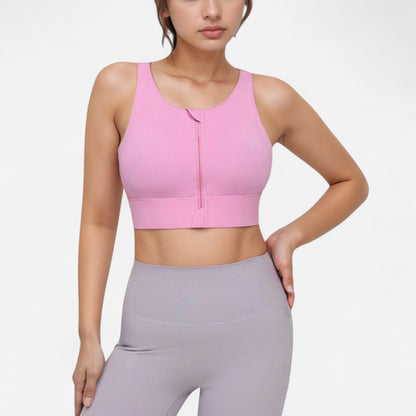 Anna-Kaci Women's Front Zip Sports Crop Top with Scoop Neck and Wide Straps for Support