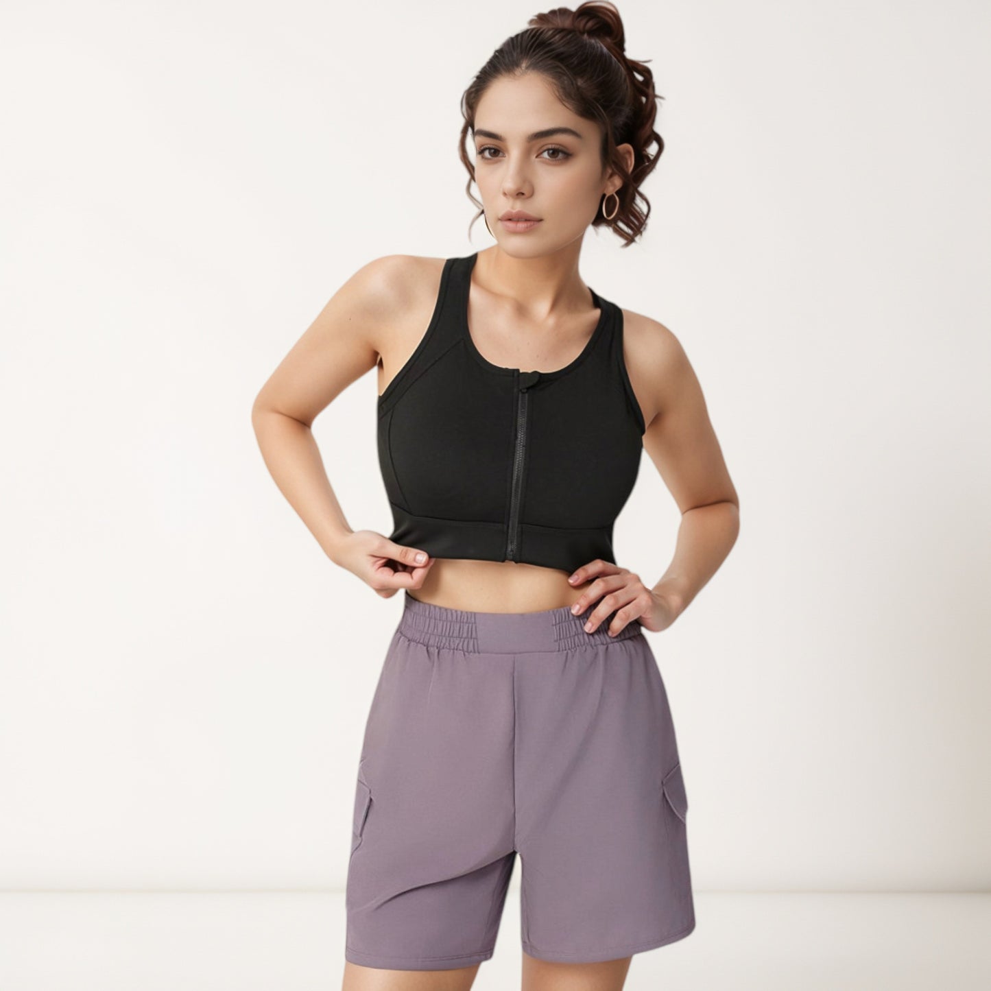 Anna-Kaci Women's Front Zip Crop Sports Bra with Scoop Neckline and Wide Shoulder Straps for Medium Support