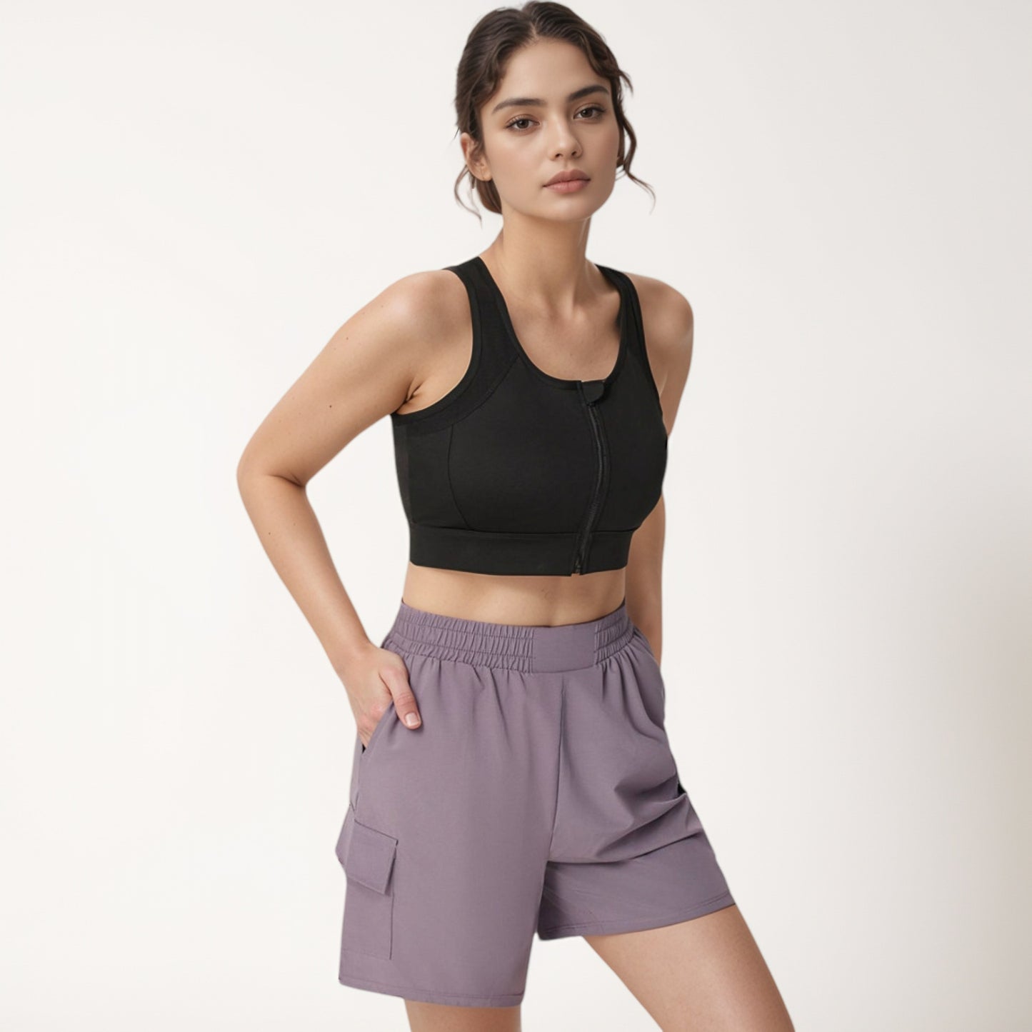 Anna-Kaci Women's Front Zip Crop Sports Bra with Scoop Neckline and Wide Shoulder Straps for Medium Support