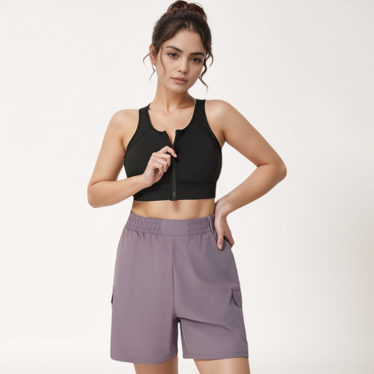 Anna-Kaci Women's Front Zip Crop Sports Bra with Scoop Neckline and Wide Shoulder Straps for Medium Support