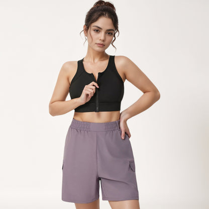 Anna-Kaci Women's Front Zip Crop Sports Bra with Scoop Neckline and Wide Shoulder Straps for Medium Support