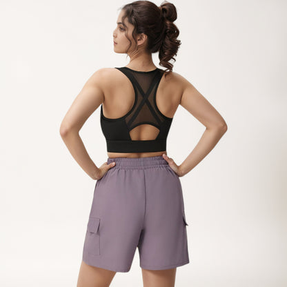 Anna-Kaci Women's Front Zip Crop Sports Bra with Scoop Neckline and Wide Shoulder Straps for Medium Support