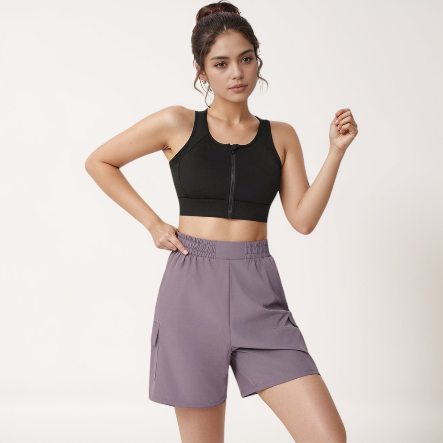 Anna-Kaci Women's Front Zip Crop Sports Bra with Scoop Neckline and Wide Shoulder Straps for Medium Support