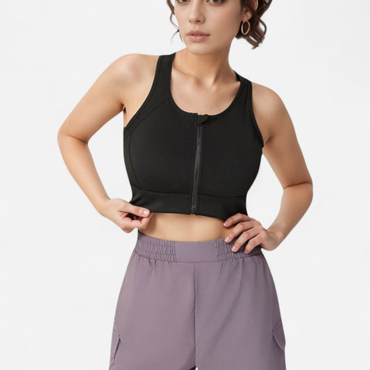 Anna-Kaci Women's Front Zip Crop Sports Bra with Scoop Neckline and Wide Shoulder Straps for Medium Support