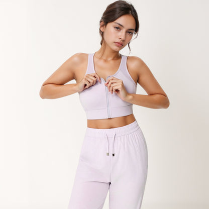 Anna-Kaci Women's Front Zip Crop Sports Bra with Scoop Neckline and Wide Shoulder Straps for Medium Support