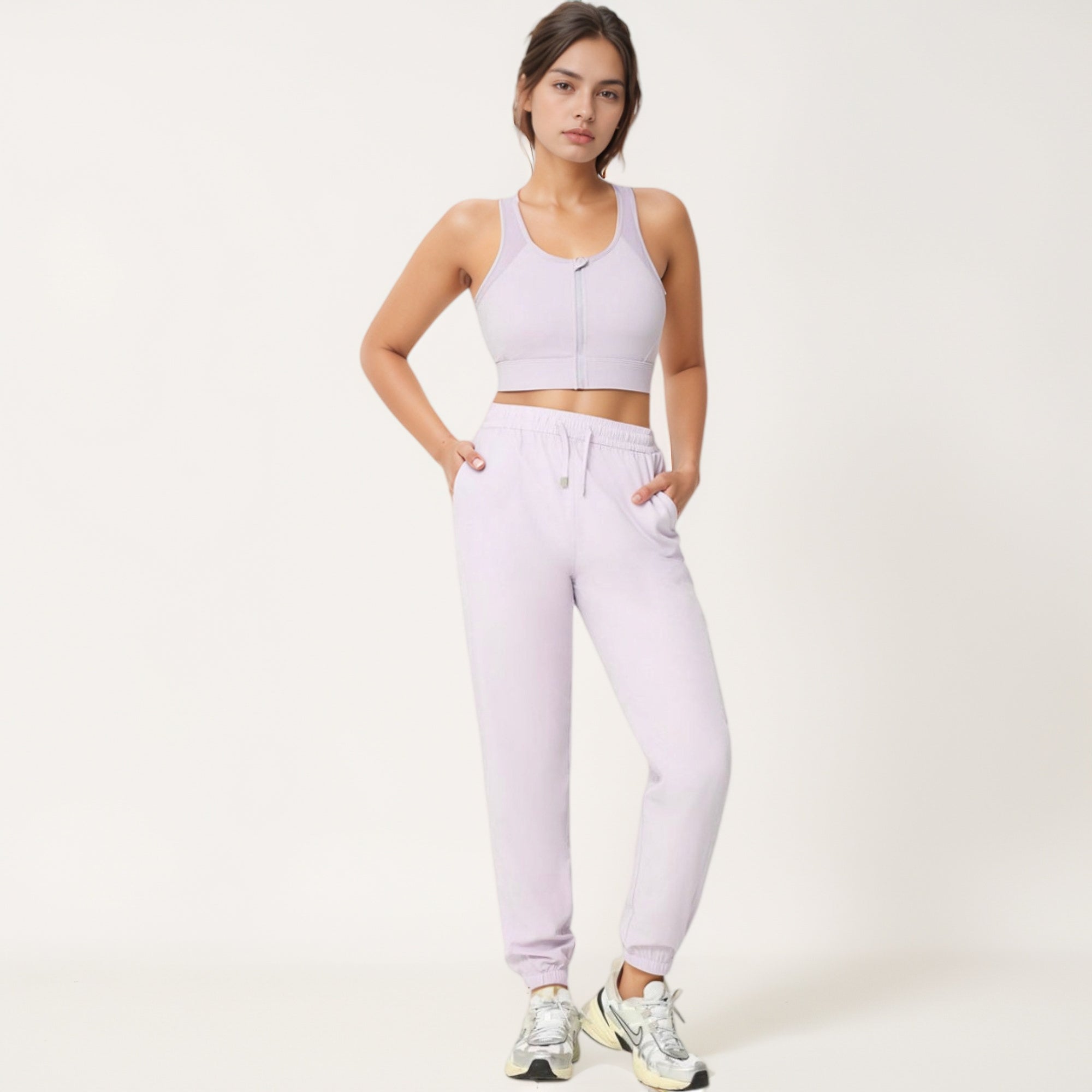 Anna-Kaci Women's Front Zip Crop Sports Bra with Scoop Neckline and Wide Shoulder Straps for Medium Support