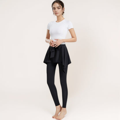 Anna-Kaci Women's Full-Length Leggings with Attached Tie-Front Skirt Overlay for Active and Casual Looks