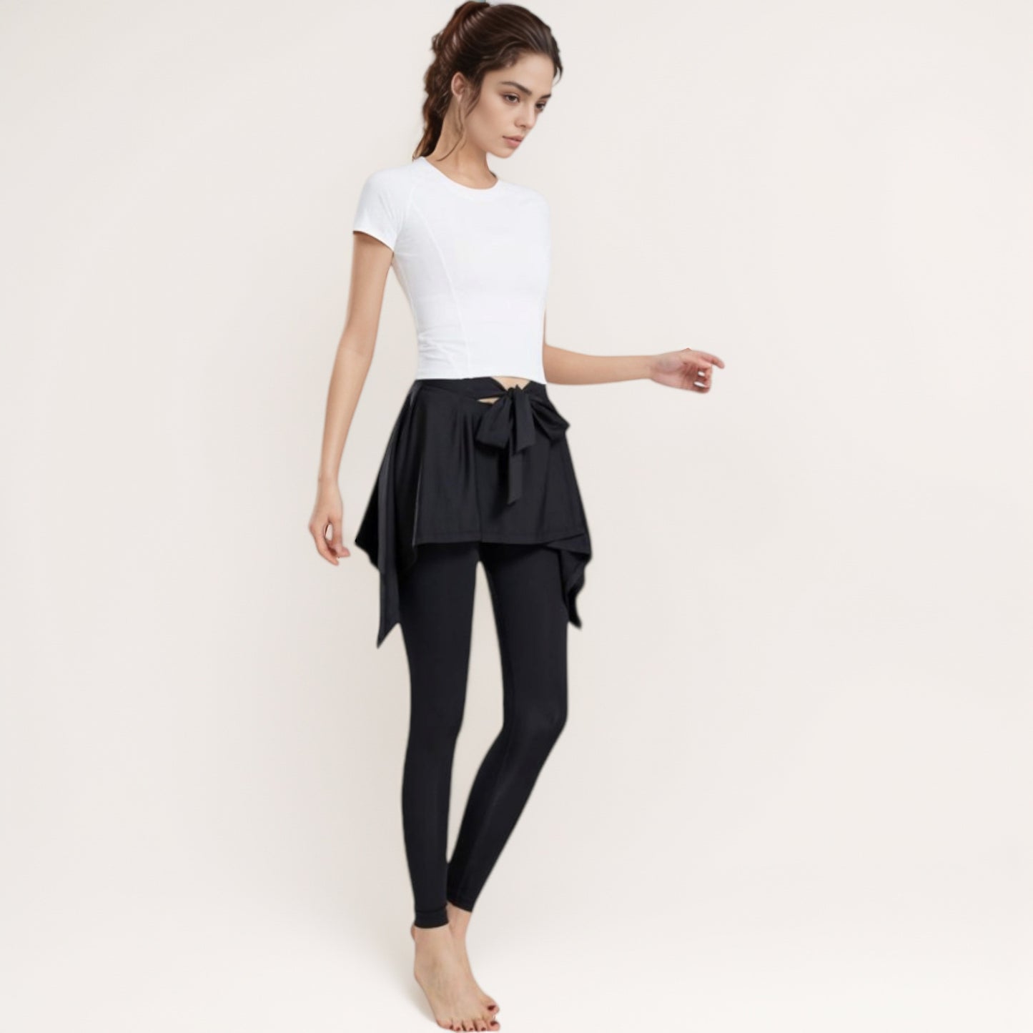 Anna-Kaci Women's Full-Length Leggings with Attached Tie-Front Skirt Overlay for Active and Casual Looks