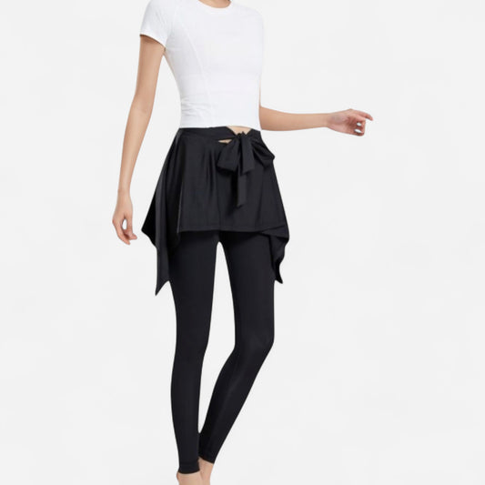 Anna-Kaci Women's Full-Length Leggings with Attached Tie-Front Skirt Overlay for Active and Casual Looks