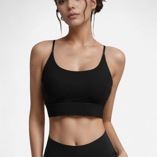 Anna-Kaci Women's Scoop Neck Sports Bra with Thin Adjustable Straps and Wide Elastic Band for Comfortable Light Support