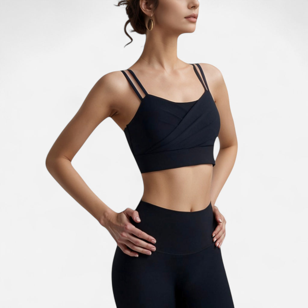 Anna-Kaci Women's Crisscross Sports Bra with Double Strap Design and Ruched Front Detail for Active Comfort