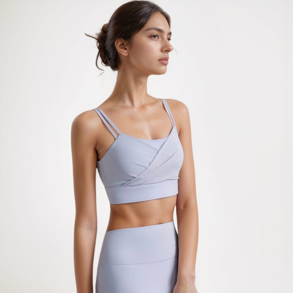 Anna-Kaci Women's Crisscross Sports Bra with Double Strap Design and Ruched Front Detail for Active Comfort