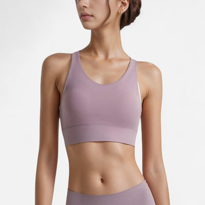 Anna-Kaci Women's Scoop Neck Sports Bra with Wide Shoulder Straps and Elastic Band for Medium Support