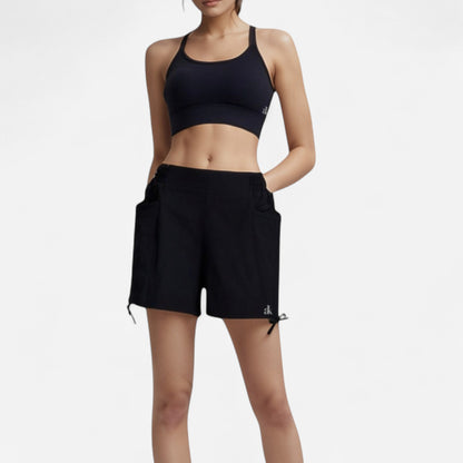 Anna-Kaci Women's High Waist Active Shorts with Elastic Side Waistband Large Pockets and Adjustable Drawstring Hem
