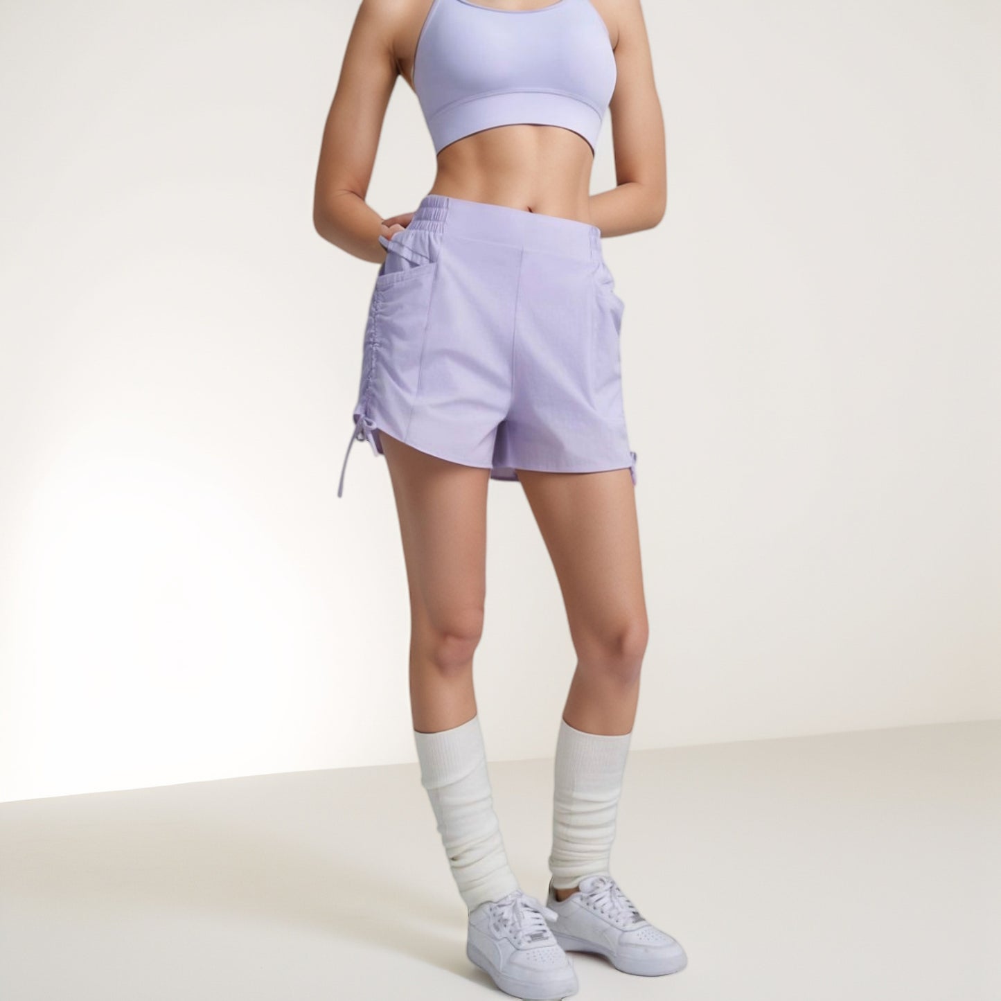 Anna-Kaci Women's High Waist Active Shorts with Elastic Side Waistband Large Pockets and Adjustable Drawstring Hem