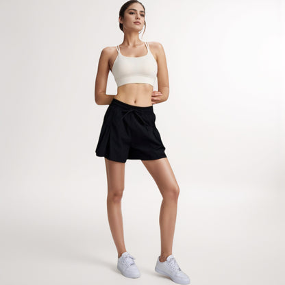 Anna-Kaci Women's High Waist Active Shorts with Drawstring Waistband Pleated Side Pockets and Relaxed Fit