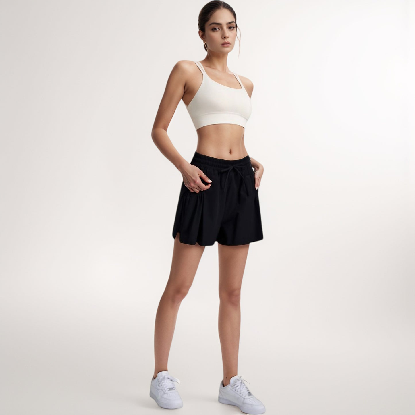 Anna-Kaci Women's High Waist Active Shorts with Drawstring Waistband Pleated Side Pockets and Relaxed Fit