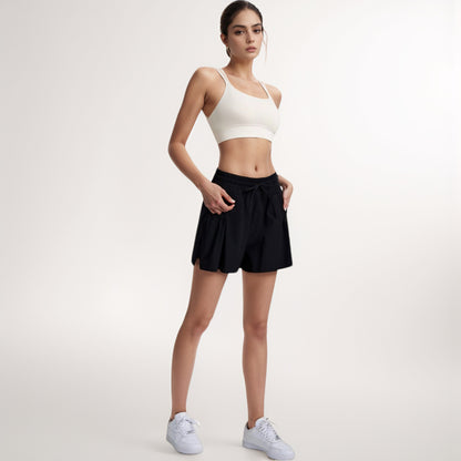 Anna-Kaci Women's High Waist Active Shorts with Drawstring Waistband Pleated Side Pockets and Relaxed Fit