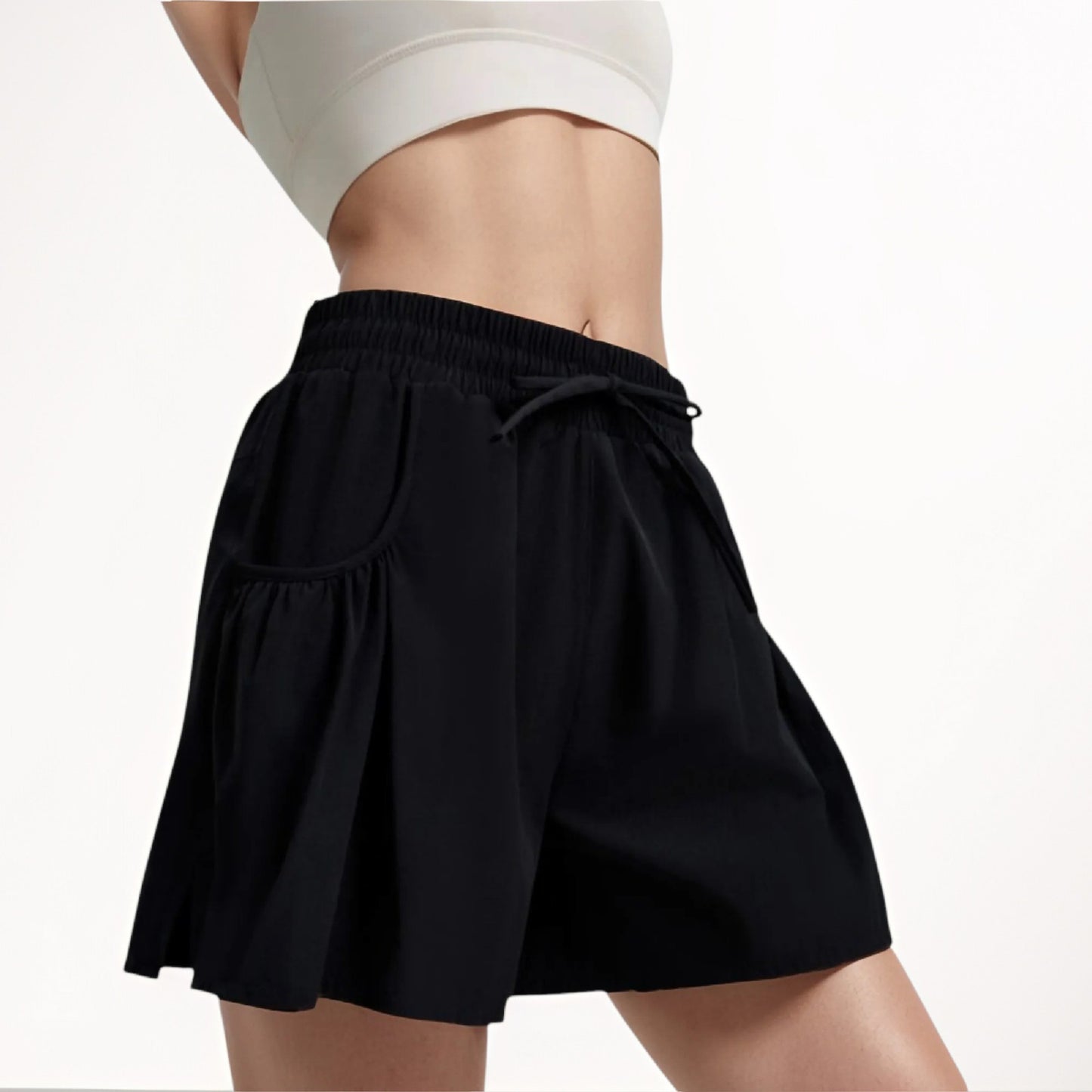 Anna-Kaci Women's High Waist Active Shorts with Drawstring Waistband Pleated Side Pockets and Relaxed Fit