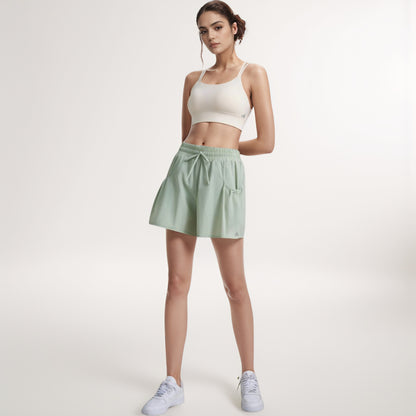 Anna-Kaci Women's High Waist Active Shorts with Drawstring Waistband Pleated Side Pockets and Relaxed Fit
