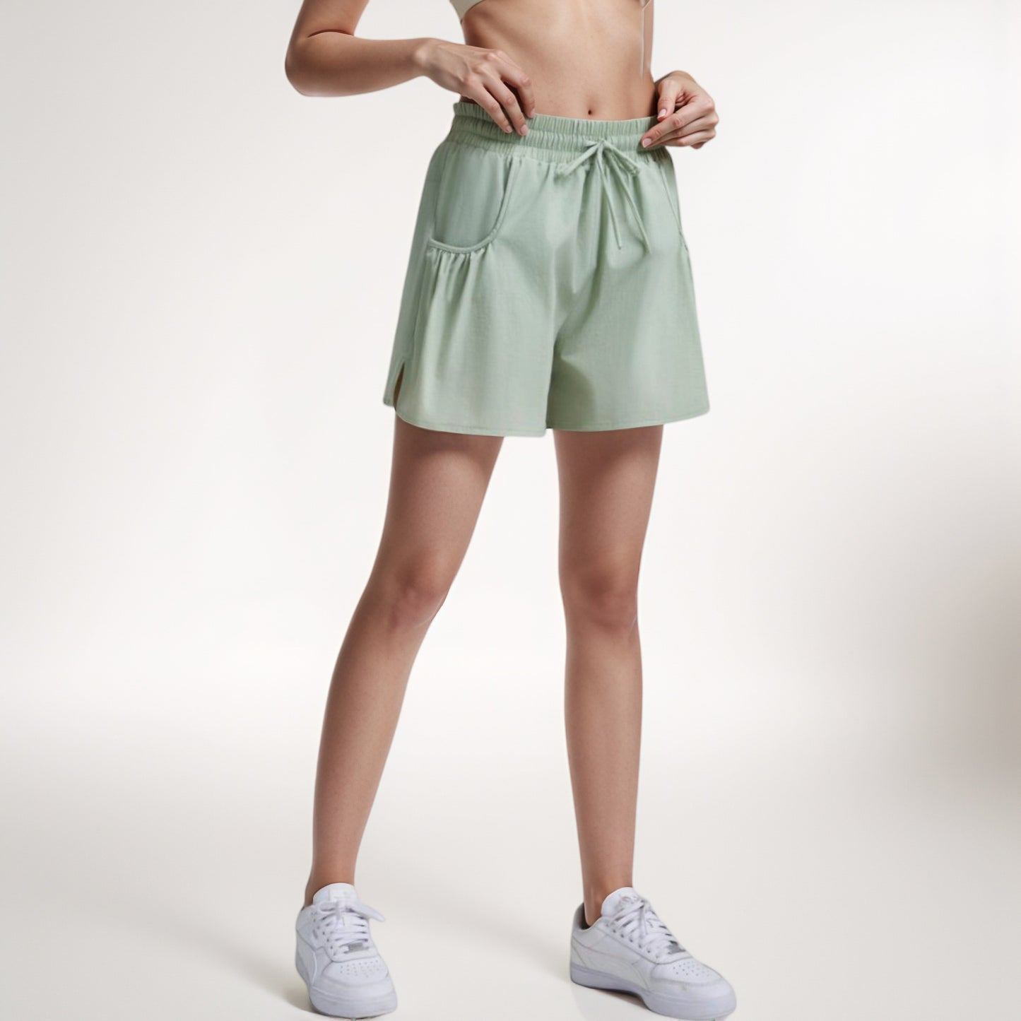 Anna-Kaci Women's High Waist Active Shorts with Drawstring Waistband Pleated Side Pockets and Relaxed Fit