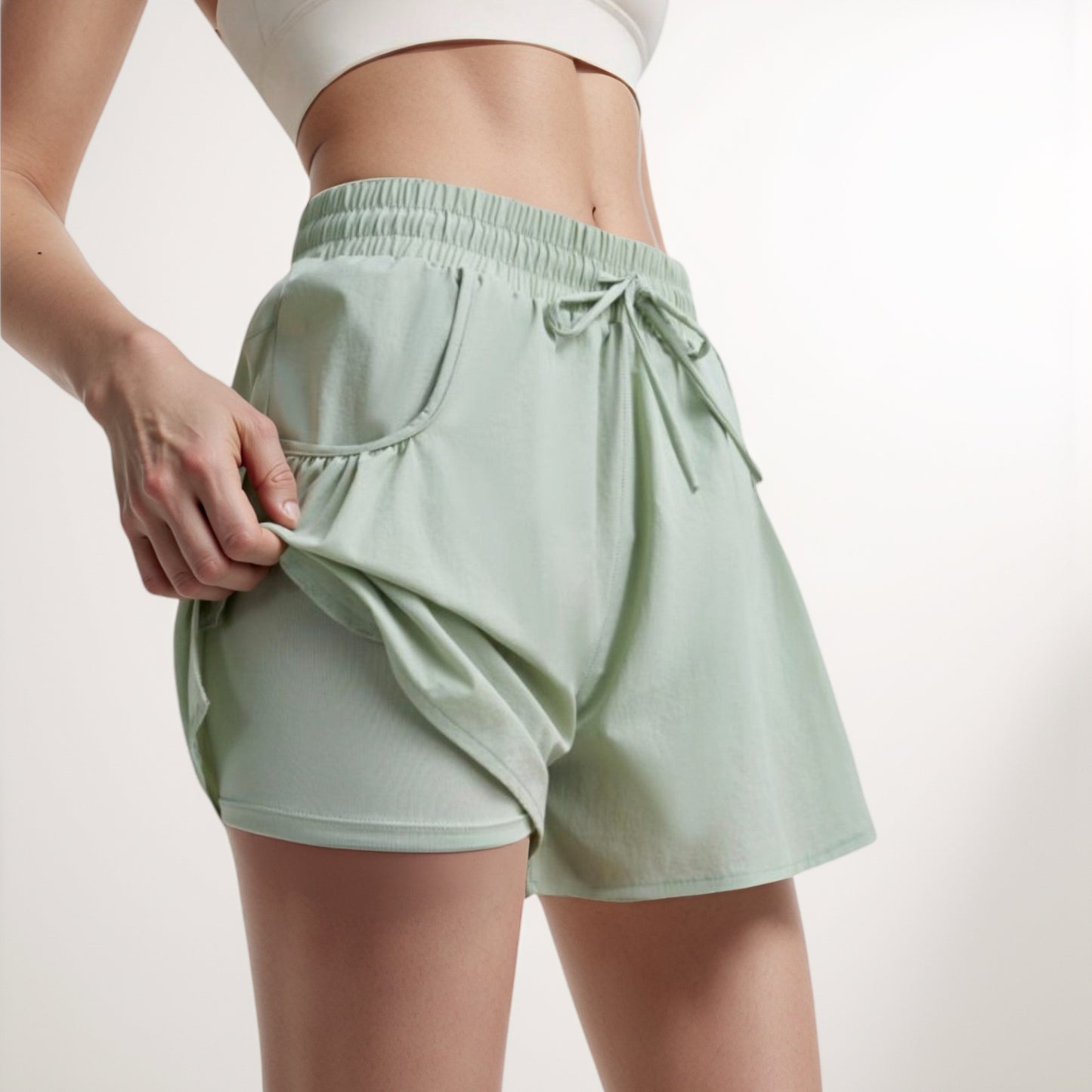 Anna-Kaci Women's High Waist Active Shorts with Drawstring Waistband Pleated Side Pockets and Relaxed Fit