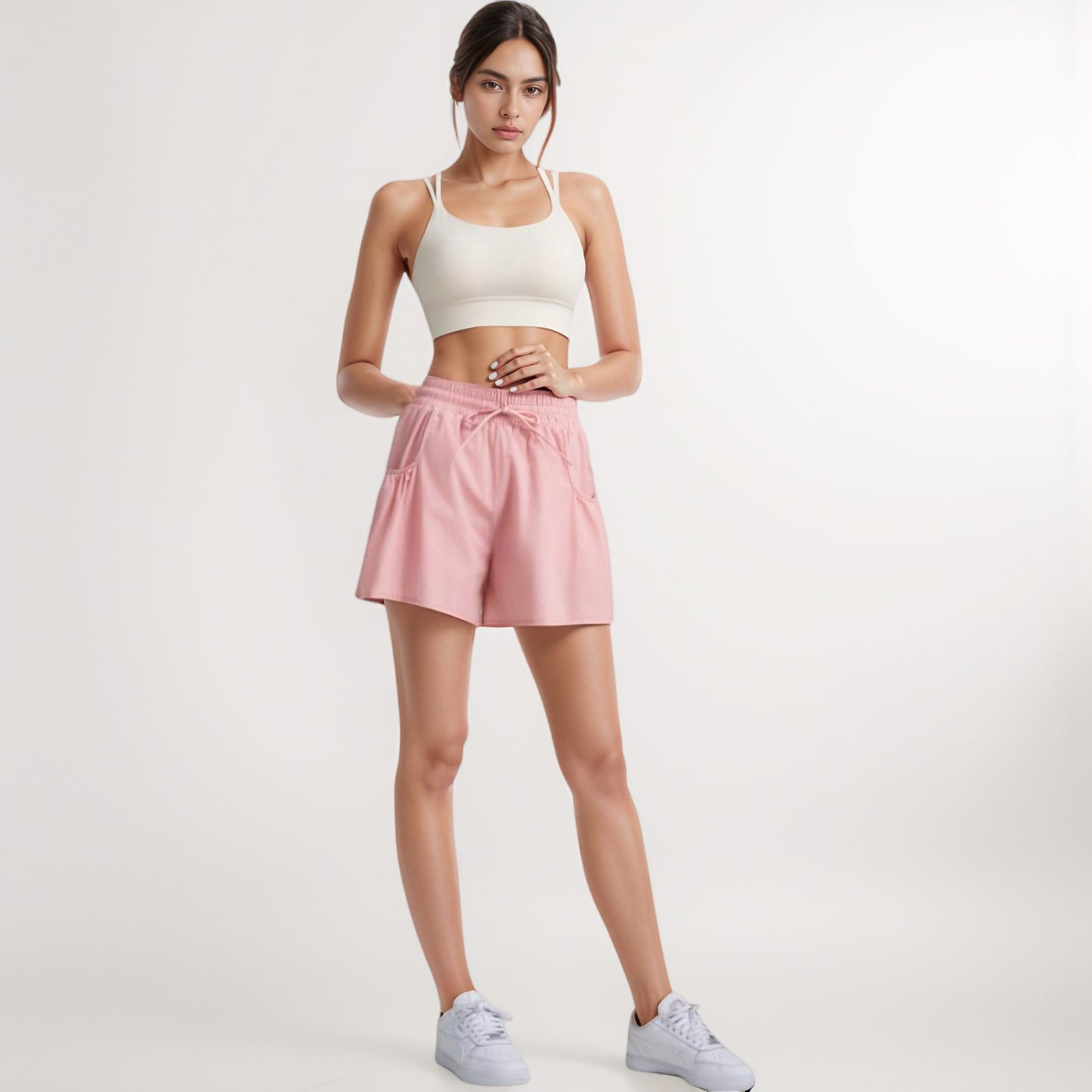 Anna-Kaci Women's High Waist Active Shorts with Drawstring Waistband Pleated Side Pockets and Relaxed Fit