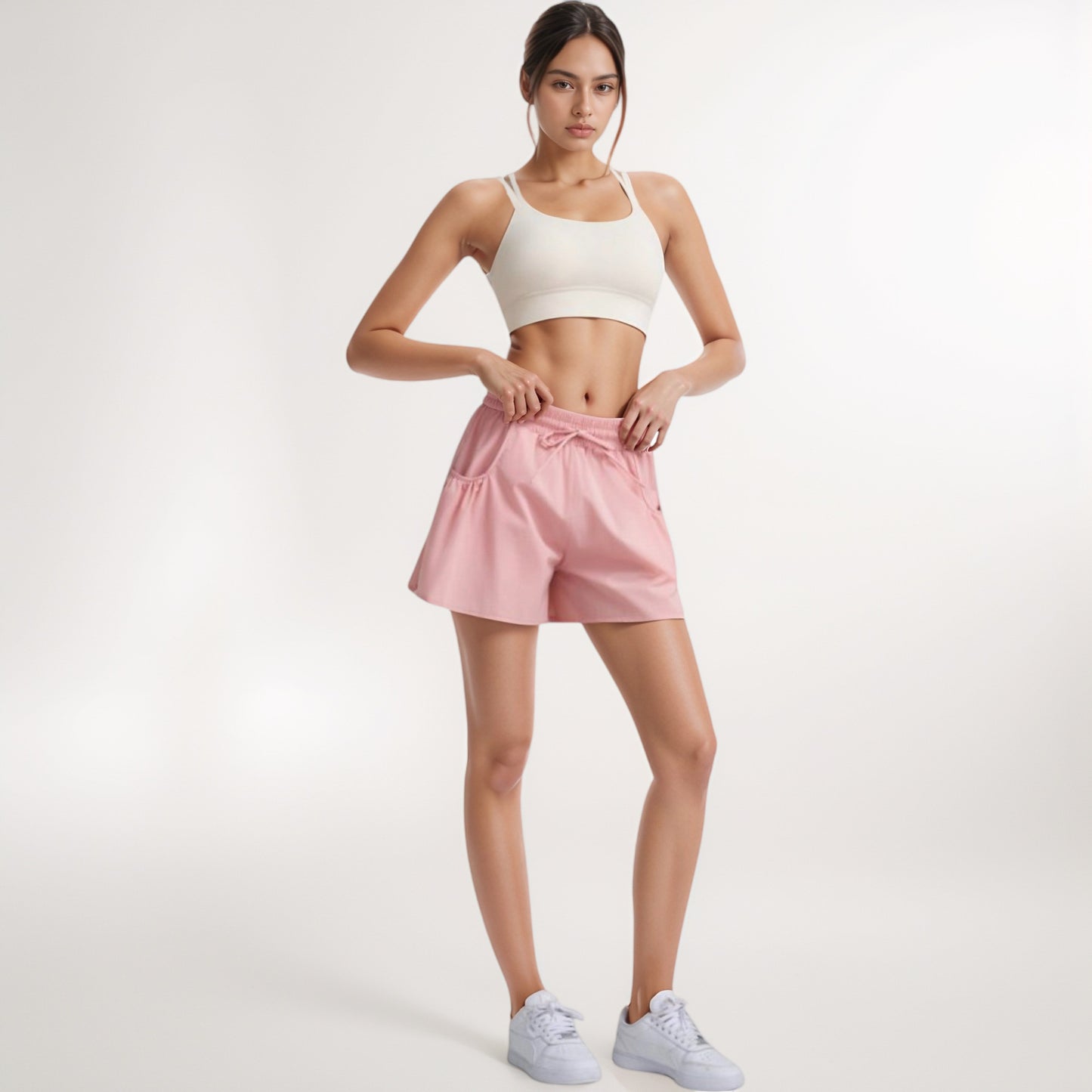 Anna-Kaci Women's High Waist Active Shorts with Drawstring Waistband Pleated Side Pockets and Relaxed Fit