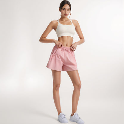 Anna-Kaci Women's High Waist Active Shorts with Drawstring Waistband Pleated Side Pockets and Relaxed Fit