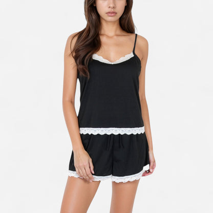 Anna-Kaci Lounge Women's Black Sleepwear Cami and Shorts Set with White Lace Trim Details