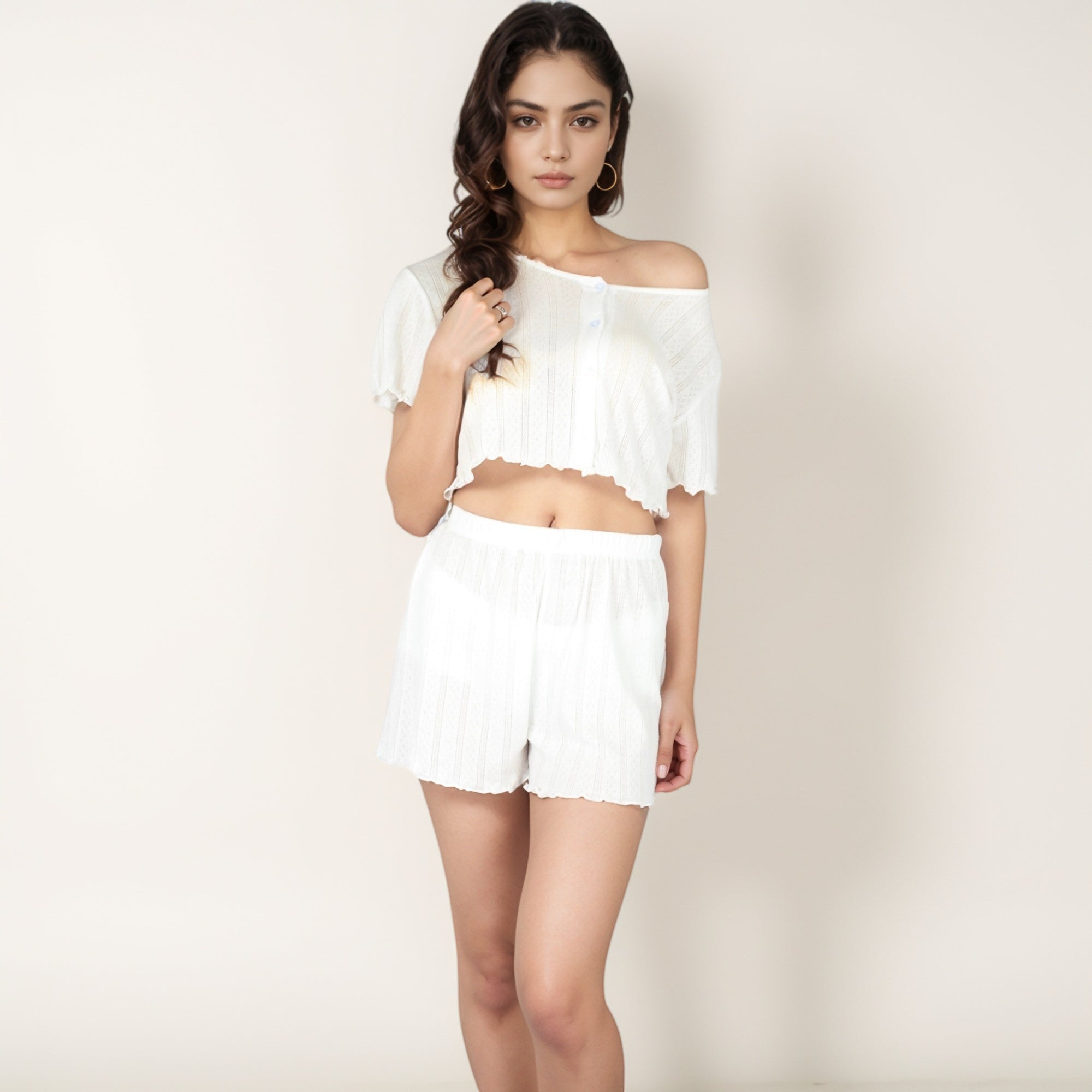 Anna-Kaci Lounge Women's Ribbed Knit Sleepwear Set with Short Sleeve Button Front Top and High Waist Shorts