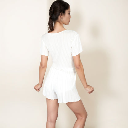 Anna-Kaci Lounge Women's Ribbed Knit Sleepwear Set with Short Sleeve Button Front Top and High Waist Shorts