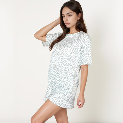Anna-Kaci Lounge Women's Leopard Print Short Sleeve Sleepwear Set with Crew Neck Top and Matching Shorts